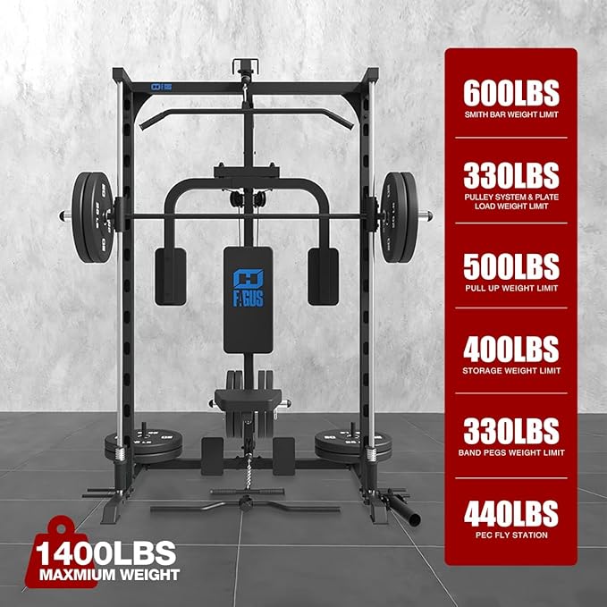 FAGUS Smith Machine Home Gym Power Cage with Pulley System, Space Saving Design Squat Rack with Full Body Strength Training Attachments, PEC Station & Fixed Cable Crossover Optional