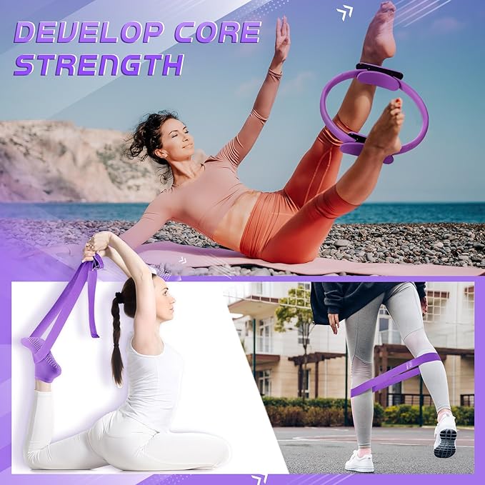 Poen 18 Pcs Pilates Ring Kit Home Pilates Ring Circle and Ball Set for Women Yoga Fitness Set with 5 Resistance Band Stretching Strap Non Slip Sock Ball Core Slider Wristband Headband Gym Bag