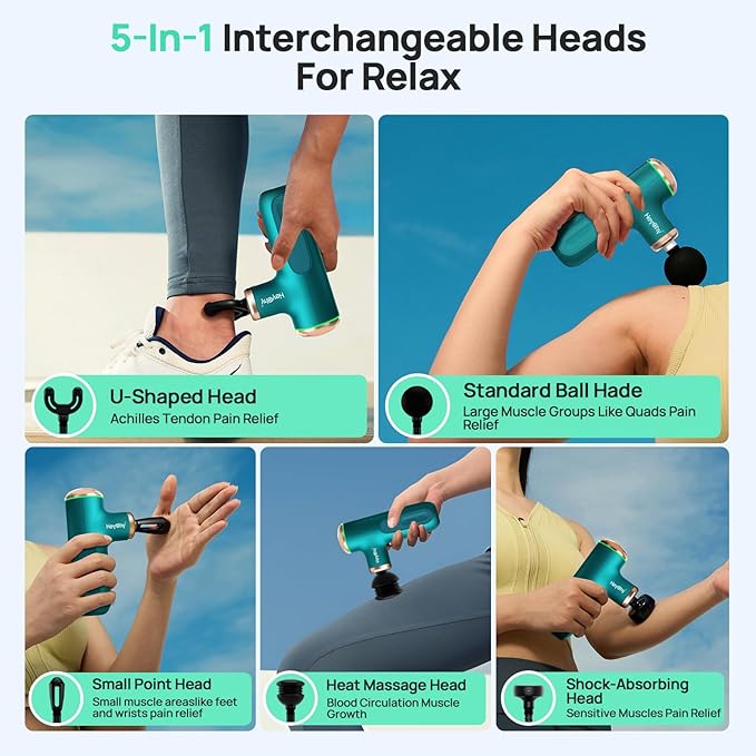 Massage Gun with Heat Function, 5 Adjustable Speed & 5 Massage Head for Deep Tissue Pain Relief, Portable Muscle Massager for Athletes, Compact Percussion Gun