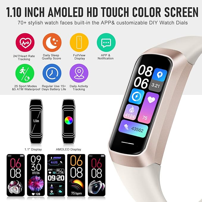 Fitness Tracker, Step Tracker with 24/7 Heart Rate, Blood Oxygen, Blood Pressure Watch, Sleep Trackers with 1.1" AMOLED Touch Color Screen, Calories Step Counter Activity Pedometer for Women Men