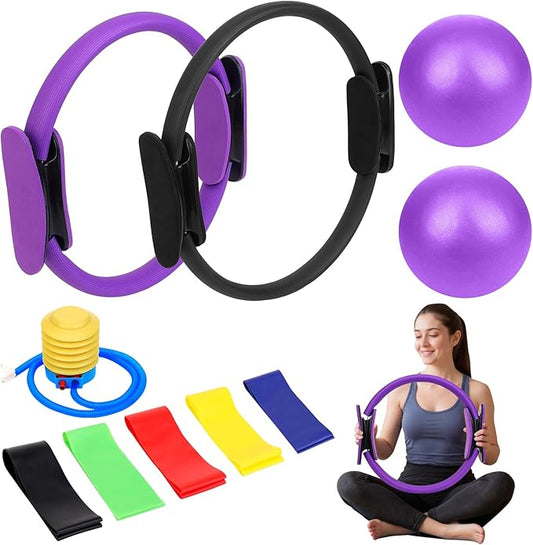 Pilates Ring and Ball Set with Resistance Bands Exercise Ball for Women, Pilates Equipment Essentials Kit 14'' & 12'' Pilates Rings, 2 Pilates Balls with Pump, 5 Bands for Home Workouts