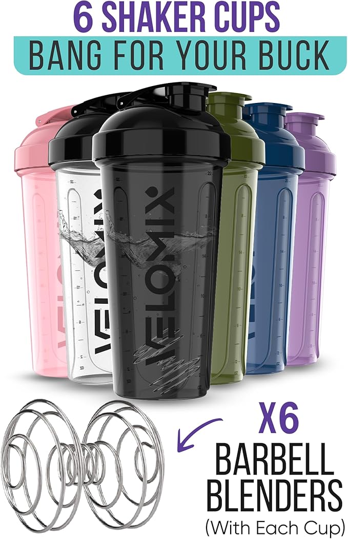 VELOMIX -6 PACK- 28 oz Protein Shaker Bottle for Protein Mixes - 6x Wire Whisk | Leak Proof Shaker Cups for Protein Shakes | Protein Shaker Bottle Pack | Protein Shake Cup (Dynamic Fuel Series)
