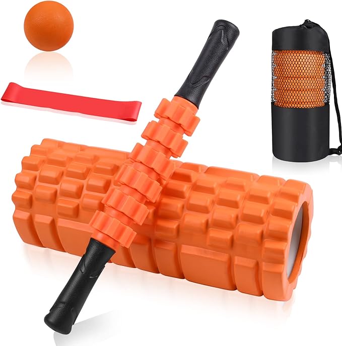 5 in 1 Foam Roller Set: Trigger Point Roller, Yoga Stick, Massage Ball, Fitness Stretching Strap, Carrying Bag, Towel for Deep Muscle Massage, Pilates and Yoga