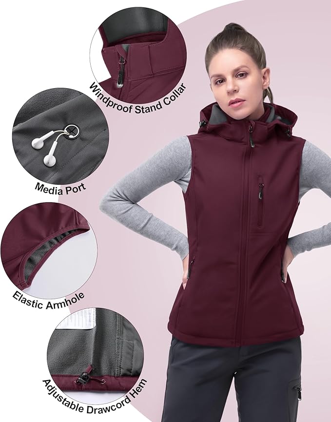 33,000ft Women's Hooded Lightweight Softshell Vest Fleece Lined Windproof Zip Up Sleeveless Jacket for Hiking Golf Running