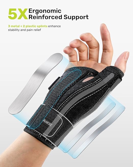 Wrist & Thumb Brace 5X Powerful Support, Carpal Tunnel Wrist Brace 3 Adjustable Straps, Night Thumb Splint for De Quervain's Tenosynovitis, Tendonitis Pain Relief, Left Hand, Gray S/M(5.51-7.48")
