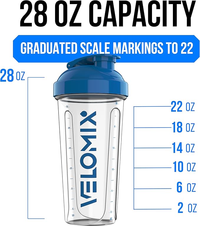 VELOMIX -2 Pack- 28 oz Protein Shaker Bottles for Protein Mixes - 2x Wire Whisk | Leak Proof Shaker Cups for Protein Shakes | Protein Shaker Bottle Pack | Shakers for Protein Shakes-Blue&Transparent
