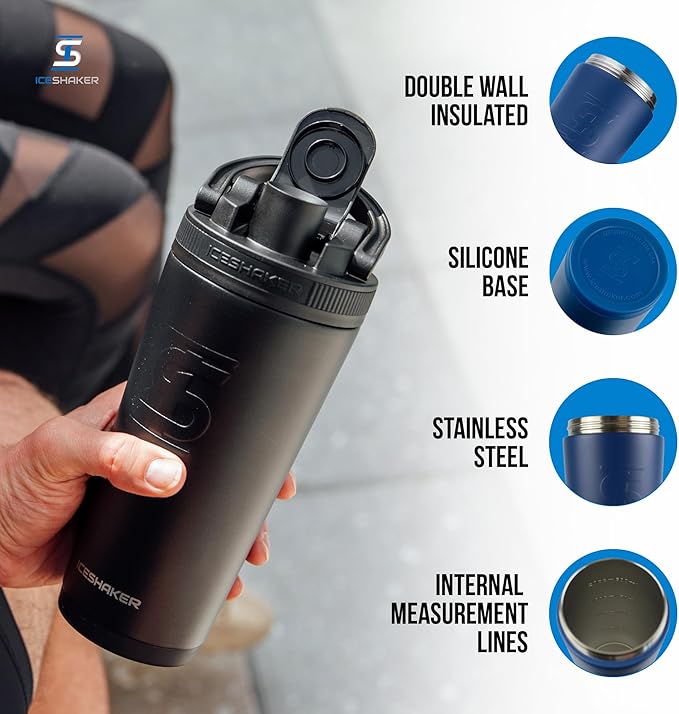 Ice Shaker Insulated Stainless Steel Shaker Bottle | 26oz, Navy | Cold for 30+ Hours | Insulated Cup with Twist-on Agitator | Odor-Free Bottle for Protein Shakes, Water, Smoothies, Cocktails