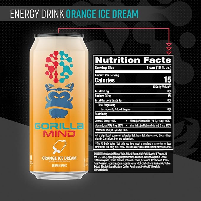 Gorilla Mind Energy Drink | Unmatched Energy · Amplified Focus | N-Acetyl-L-Tyrosine, Alpha-GPC, 200mg Caffeine, Uridine, Saffron | 0 Sugar Or Artificial Colors | 16oz, 12-Pack (Orange Ice Dream)