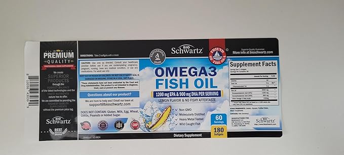 Triple Strength Omega 3 Fish Oil Supplement - 2250mg EPA DHA Omega 3 Fatty Acids from Fresh Wild Caught Fish, Burpless Lemon Flavor Formula Supports Eye Health and More, Gluten Free, 180 Softgels