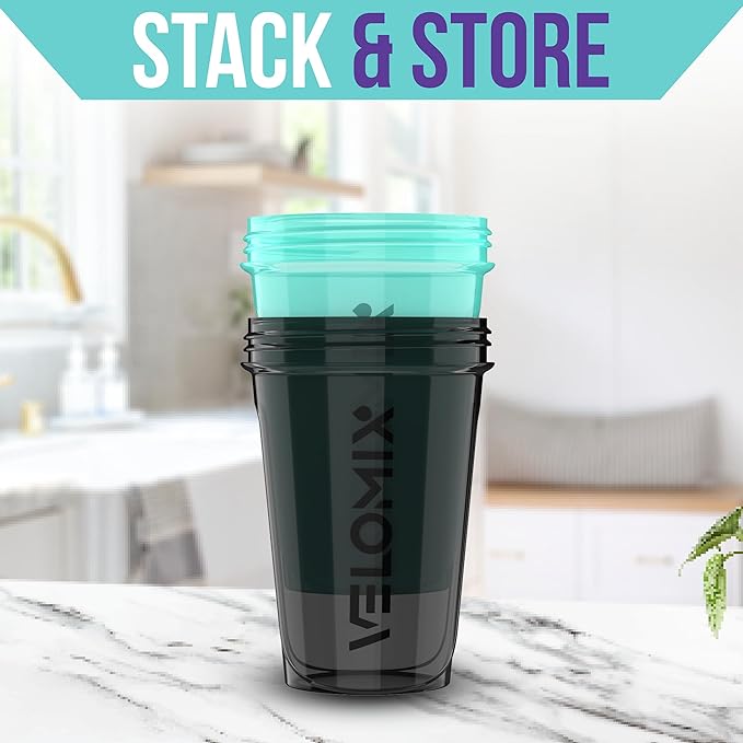 VELOMIX -2 Pack- 20 oz Protein Shaker Bottles for Protein Mixes - 2x Wire Whisk | Leak Proof Shaker Cups for Protein Shakes and Pre Workout | Protein Shaker Bottle Pack (Black/Torquoise)