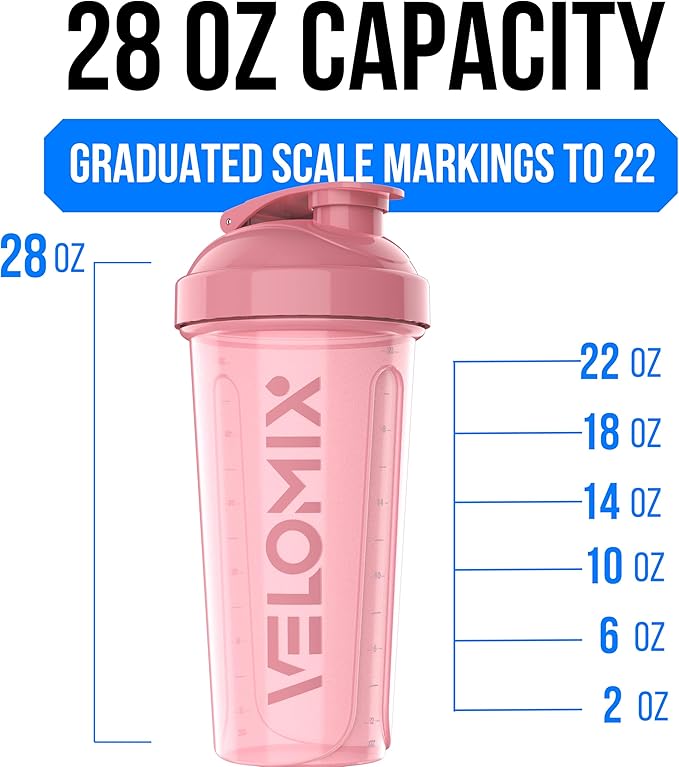 VELOMIX -2 Pack- 28 oz Protein Shaker Bottles for Protein Mixes - 2x Wire Whisk | Leak Proof Shaker Cups for Protein Shakes | Protein Shaker Bottle Pack | Shakers for Protein Shakes-Pink&Black