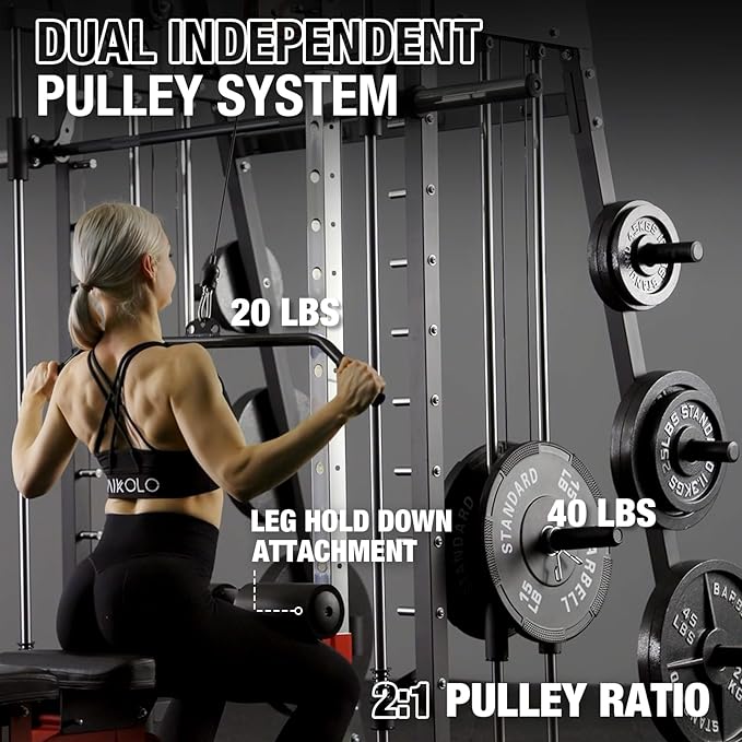 Mikolo Smith Machine, 2200lbs Squat Rack with LAT-Pull Down System & Cable Crossover Machine, Training Equipment with Leg Hold-Down Attachment