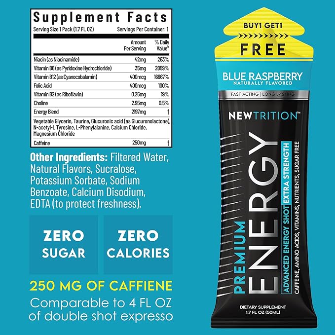 NewTrition® Extra Strength Energy Shots, 250mg Caffeine Energy Shots with Vitamin B & Amino Acids, Sugar-Free Vitamin Energy Shot, 1.7 fl oz (Pack of 12, Blue Raspberry)