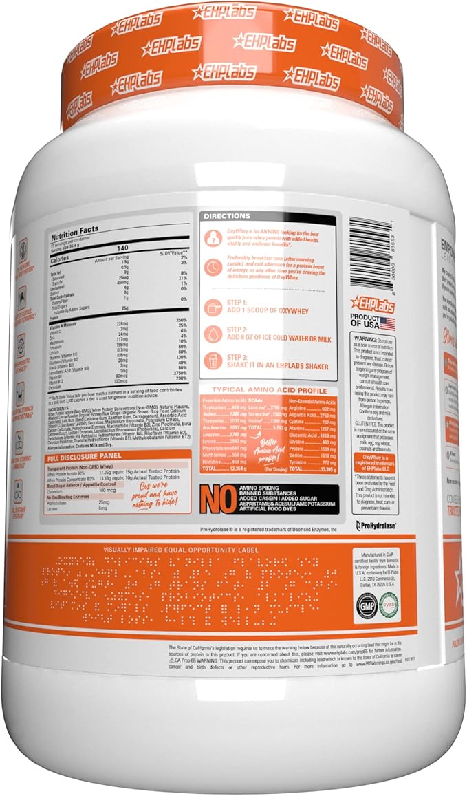 EHP Labs OxyWhey Whey Protein Isolate – 25g High Protein, Low Carb, Sugar Free Meal Replacement – Lean Whey Powder for Muscle Recovery – Non-GMO, Gluten Free – 25 Serves – Peanut Butter Puffs