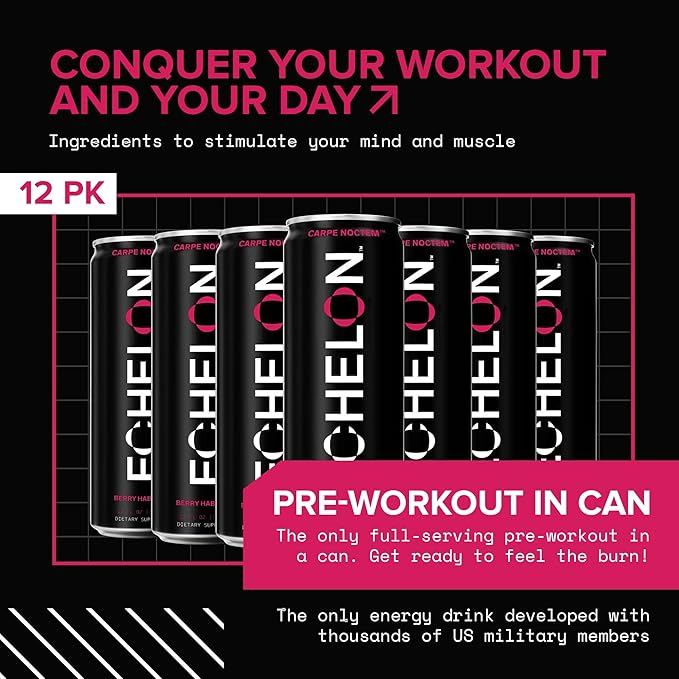 Echelon Pre-Workout Energy Drink | Berry Habanero | 12 Pack | Sustained Energy, Focus and Endurance Dietary Supplement | 300mg of Caffeine | Beta-Alanine, L-Theanine & Fiber | Vegan