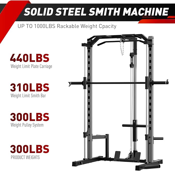 OPPSDECOR Power Cage Power Rack with LAT Pull Down Pulley System& Cable Row, Weight Cage with More Training Attachments, Multi-Functional Squat Rack for Home Gym System