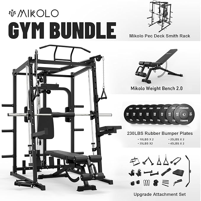 Mikolo All-in-One Smith Machine Home Gym with 230lbs Weight Plates, Power Cage with Cable Crossover, LAT Pulldown, Squat Rack & Adjustable Weight Bench