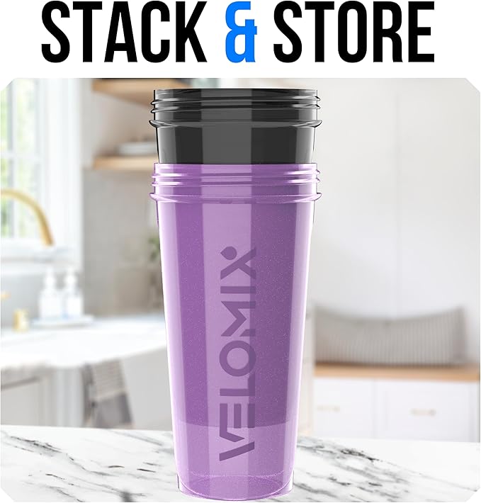 VELOMIX -2 Pack- 28 oz Protein Shaker Bottles for Protein Mixes - 2x Wire Whisk | Leak Proof Shaker Cups for Protein Shakes | Protein Shaker Bottle Pack | Shakers for Protein Shakes-Purple&Black