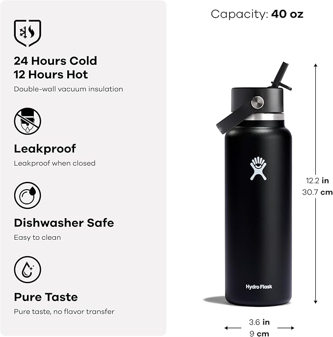 Hydro Flask Water Bottle - Insulated Stainless Steel - Wide Mouth Flex Straw Lid, Non Spill, Leakproof and Refillable in 40 Oz Tonal Trillium