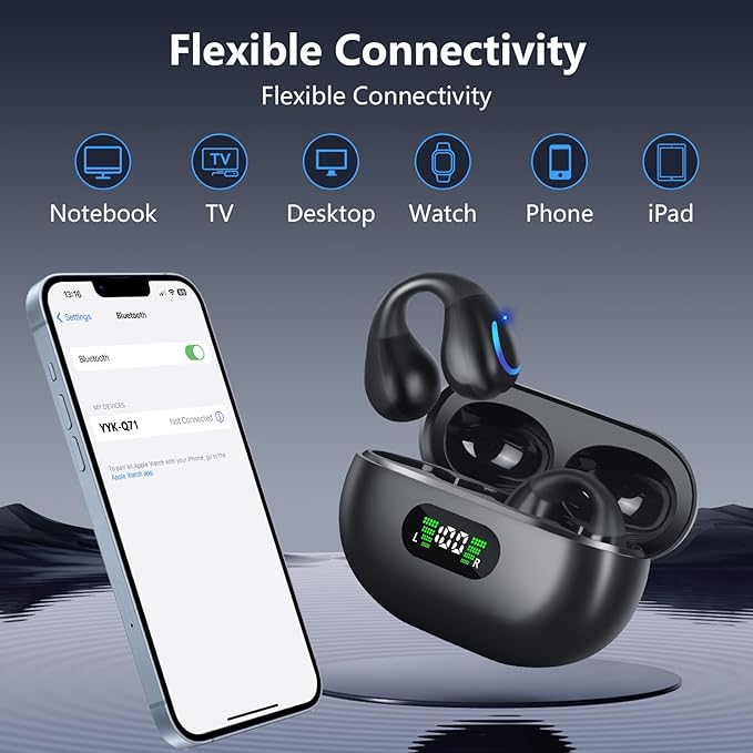 Open Ear Bone Conduction Headphones Wireless Bluetooth 5.3 Open Clip On Earbuds Built-in Mic with Ear Hooks 60 Hours Playtime Sport Earphones IPX7 Waterproof for Fitness Running Walking Black