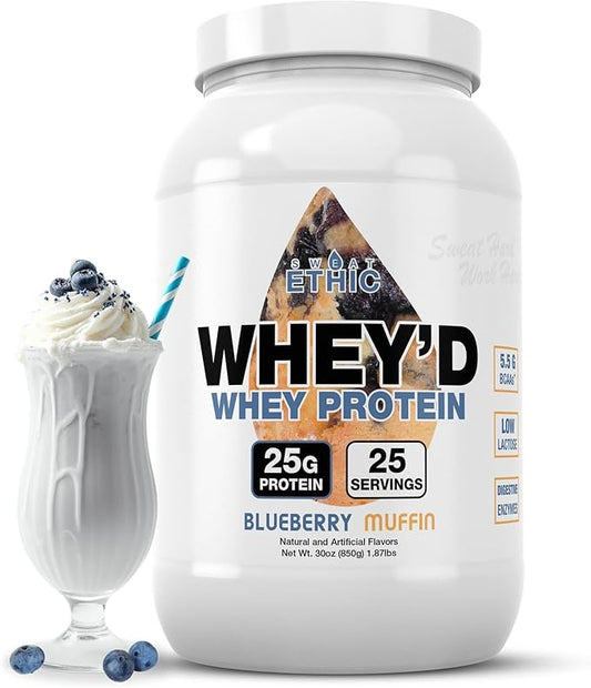 Sweat Ethic Whey'd Protein Powder, 25 G Whey Protein Blend with Concentrate (30 Ounce, Blue Berry Muffin)