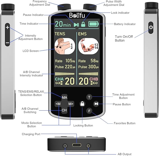 TENS EMS Unit Muscle Stimulator for Pain Relief Therapy - 4 in 1 TENS & EMS & Relax & Custom Frequency + Pulse - Muscle Massager 36 Modes 20 Intensity, Memory & Favorites Function with 600mAh Battery