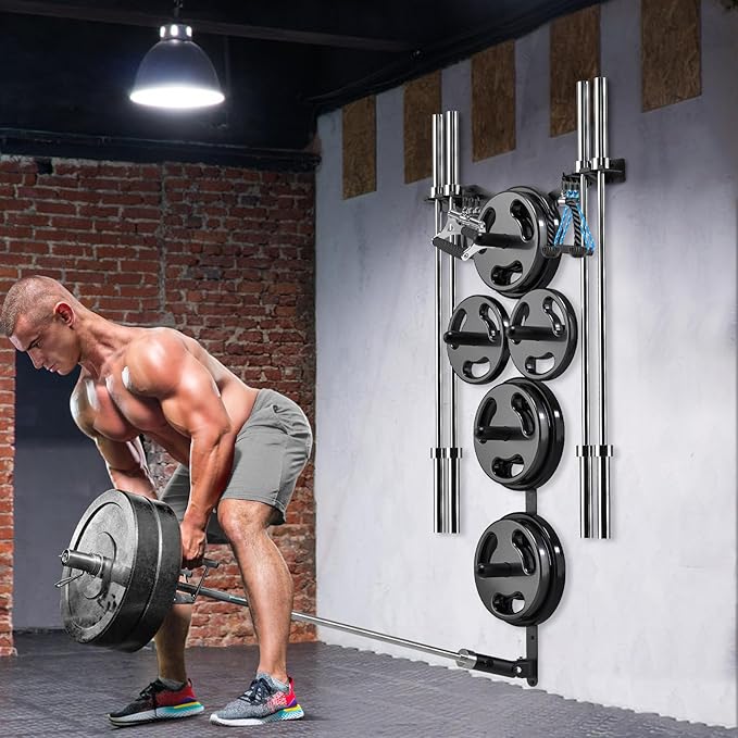 Wall Mounted Weight Plate Rack, Heavy Duty Olympic Barbell Holder & T Bar Row Landmine Attachment, 5 Pegs & 4 Barbell Storage, Space-Saving Home Gym Organizer