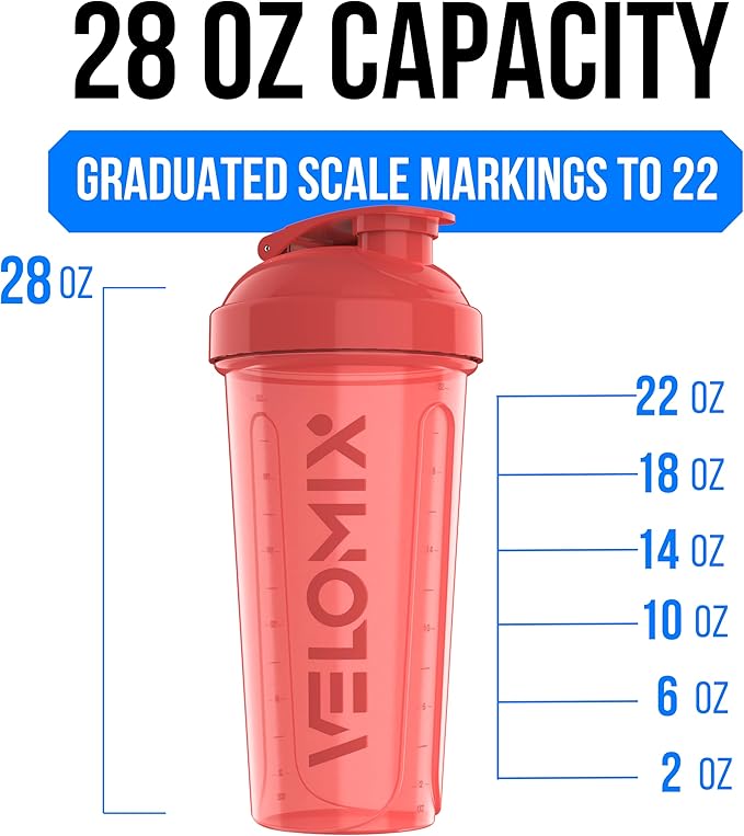 VELOMIX -2 Pack- 28 oz Protein Shaker Bottles for Protein Mixes - 2x Wire Whisk | Leak Proof Shaker Cups for Protein Shakes and Pre Workout | Protein Shaker Bottle Pack (Blue/Pink)
