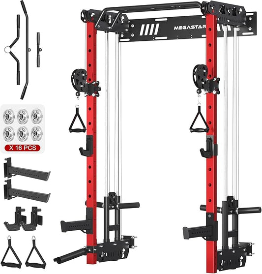 Wall Mounted Power Rack – 1600LB Capacity Compact Commercial Home Gym with Dual Cable Crossover, LAT Pulldown, Multi-Grip Pull-Up Bar & Landmine Attachment for Small Spaces, P67 Striker Red