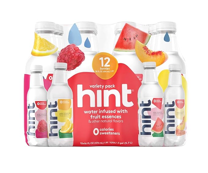 Hint Water Red Variety Pack (Pack of 12), 16 Ounce Bottles, 3 Bottles Each of: Peach, Raspberry, Watermelon, and Lemon, Zero Calories, Zero Sugar and Zero Sweeteners
