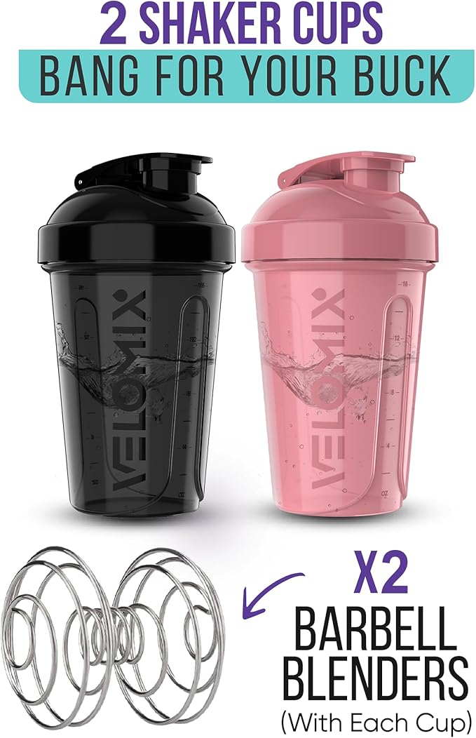 VELOMIX -2 Pack- 20 oz Protein Shaker Bottles for Protein Mixes - 2x Wire Whisk | Leak Proof Shaker Cups for Protein Shakes and Pre Workout | Protein Shaker Bottle Pack (K) Pink/Black