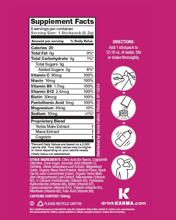 Karma Energy Hydration Packets – 6 Pack, Raspberry Peach Drink Mix with Cognizin® Nootropics, Vitamins & Immune Support, Low Calorie