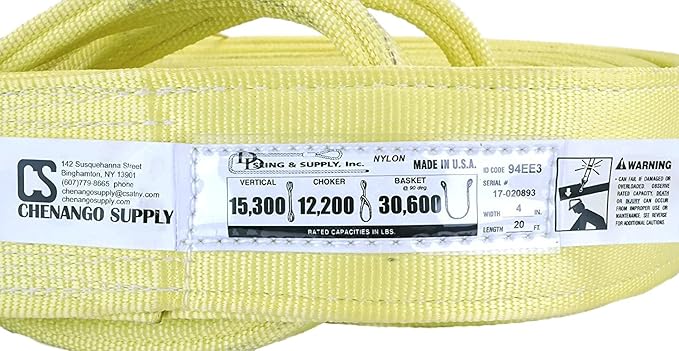 3 Ply Slings. Many Lengths in Listing! (USA Made), 4" x20' Nylon Lifting Web Sling. 15,300 lbs Vertical, 12,200 Choker, 30,600 Basket, High Capacity Eye & Eye (4" x20')