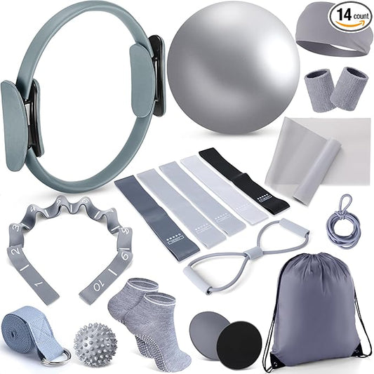 Poen 18 Pcs Pilates Ring Kit Home Pilates Ring Circle and Ball Set for Women Yoga Fitness Set with 5 Resistance Band Stretching Strap Non Slip Sock Ball Core Slider Wristband Headband Gym Bag