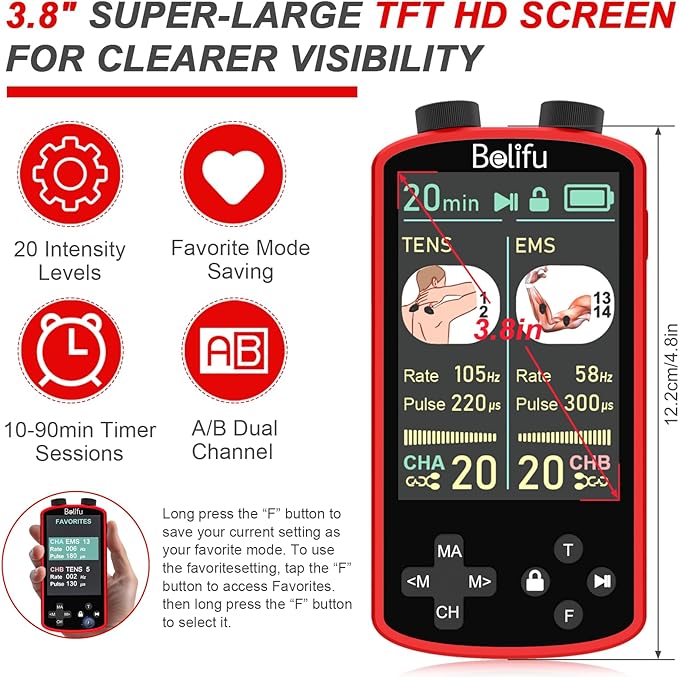TENS EMS Unit Muscle Stimulator for Pain Relief Therapy - 4 in 1 TENS & EMS & Relax & Custom Frequency + Pulse - Muscle Massager 36 Modes 20 Intensity, Memory & Favorites Function with 600mAh Battery