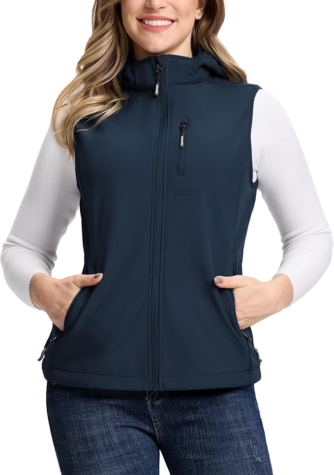 Outdoor Ventures Women's Hooded Lightweight Softshell Vest, Windproof Fleece Lined Sleeveless Jacket for Golf Running Travel