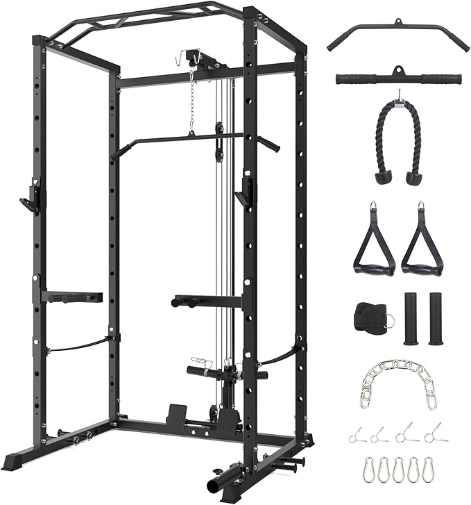 Power Cage with LAT Pulldown Machine - Squat Rack for Home Gym, Multi-Functional Weight Cage with Cable Pulley System, Dip Bars & Landmine Attachment