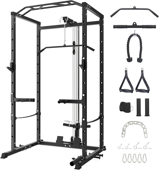 Power Cage with LAT Pulldown Machine - Squat Rack for Home Gym, Multi-Functional Weight Cage with Cable Pulley System, Dip Bars & Landmine Attachment