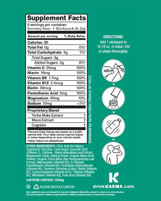 Karma Energy Hydration Packets – 6 Pack, Melon Dragonfruit Drink Mix with Cognizin® Nootropics, Vitamins & Immune Support, Low Calorie