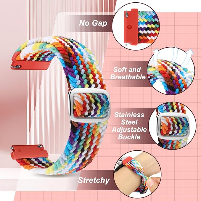 2 Pack Quick Release Braided Bands - 18mm 19mm 20mm 22mm 24mm Solo Loop Adjustable Soft Band for Women Men