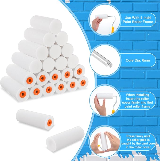 100 Pcs 4 Inch Foam Paint Roller with 2 Handles, Mini High Density Foam Roller Refills Paint Edger Tool for Walls Brings Smooth Finishes Flat Surfaces (White)