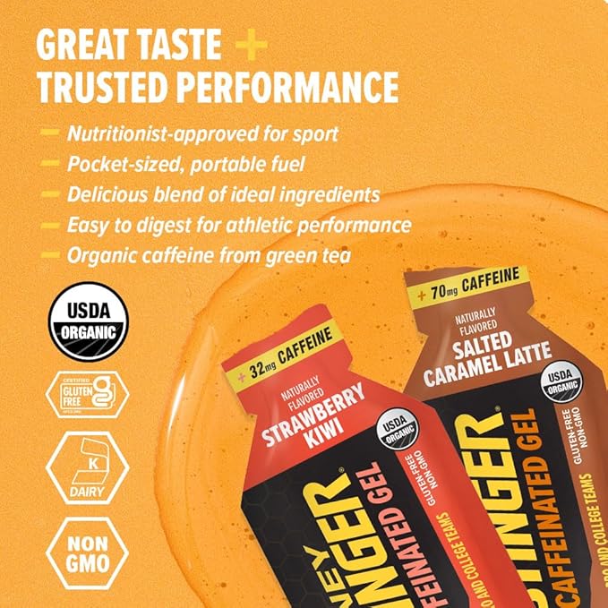 Honey Stinger Caffeinated Organic Energy Gel Variety Pack, 12 Packs Each of Salted Caramel Latte & Strawberry Kiwi, Caffeinated & Gluten Free, for All Exercises, Sports Nutrition for Home & Gym