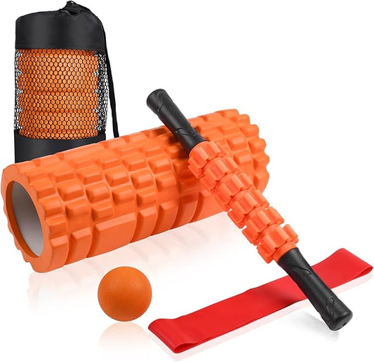 5 in 1 Foam Roller Set: Trigger Point Roller, Yoga Stick, Massage Ball, Fitness Stretching Strap, Carrying Bag, Towel for Deep Muscle Massage, Pilates and Yoga