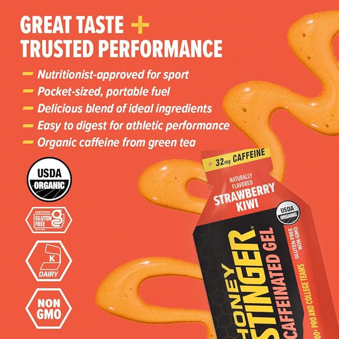 Honey Stinger Organic Strawberry Kiwi Energy Gel, Caffeinated & Gluten Free, for Exercise, Running and Performance, Sports Nutrition for Home & Gym, Pre and Mid Workout, 12 Pack, 13.2 Ounce