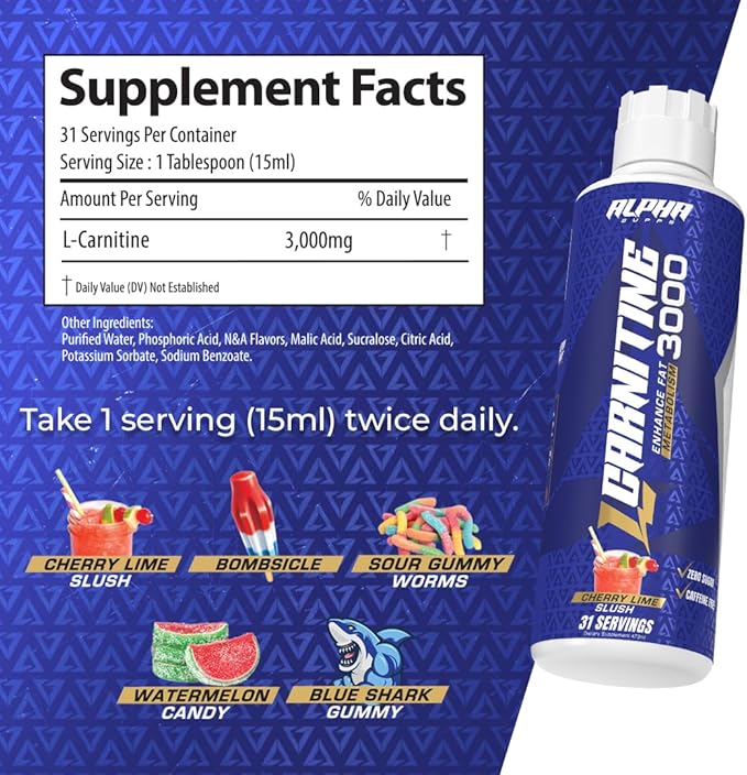 Alpha Supps L Carnitine Liquid 3000 | Stimulant-Free L-Carnitine Supplement for Men & Women | Pre-Workout Energy Boost & Muscle Recovery | Zero Sugar, Fat, & Carbs | 31 Servings (Blue Gummy)