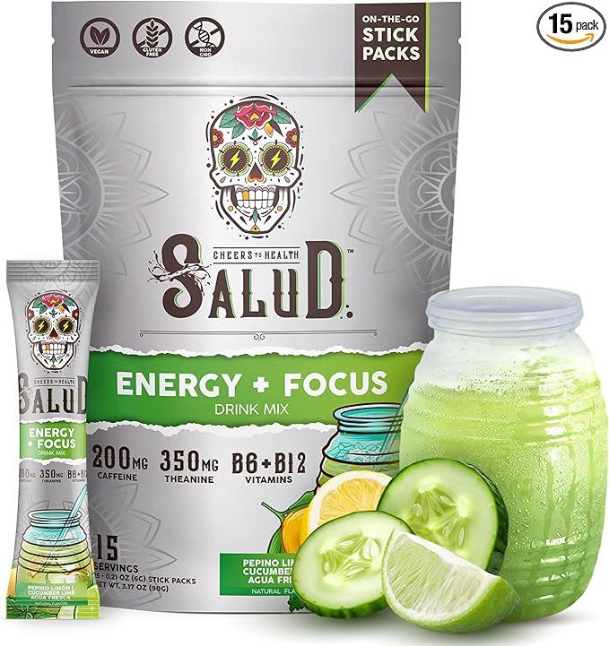 Salud 2-in-1 Energy Drink Powder + Focus, Cucumber Lime, Organic Caffeine, B6 + B12, Theanine, Clean Energy Drink Packets, Agua Fresca Mix, Non-GMO, Gluten Free, Vegan, 1g of Sugar, (15 Servings)