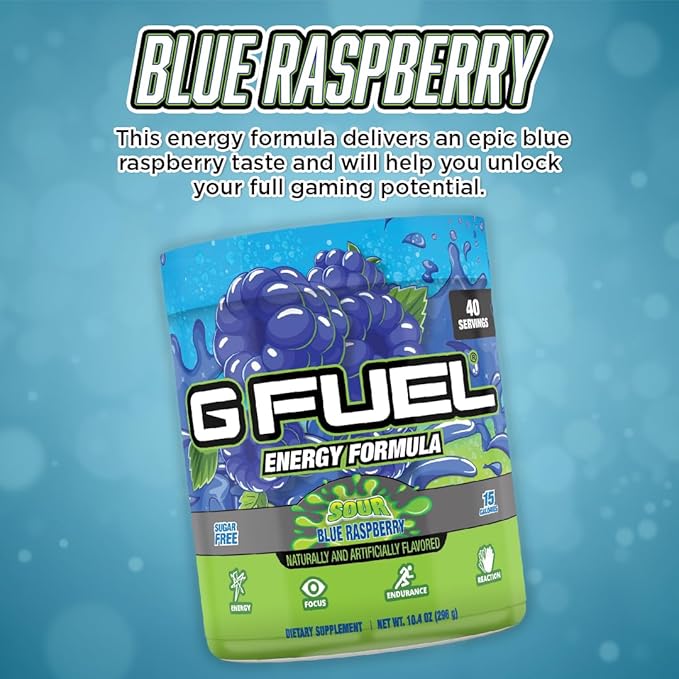 G Fuel Chug Rug Energy Drink Powder, Pre Workout Caffeine Mix for Gaming, Sugar Free Focus Amino, Vitamin + Antioxidants, 10.44oz (Sour Blue Raspberry, 40 Servings)