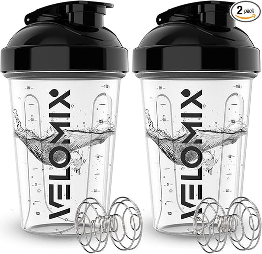 VELOMIX -2 Pack- 20 oz Protein Shaker Bottles for Protein Mixes - 2x Wire Whisk | Leak Proof Shaker Cups for Protein Shakes and Pre Workout | Protein Shaker Bottle Pack (Clear Prime)