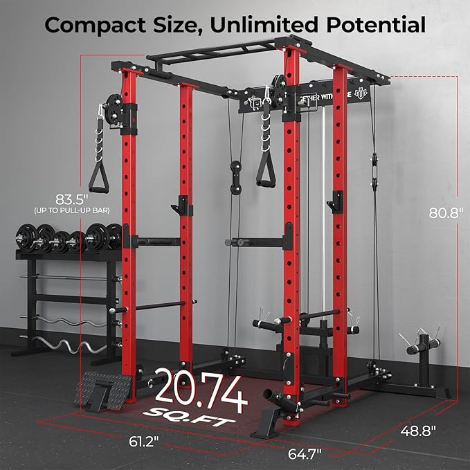 Mikolo Power Cage, 1500lbs Power Rack with LAT PullDown and Cable Crossover System, Squat Rack with Pulley System, Weight Cage for Home Gym with Training Attachments