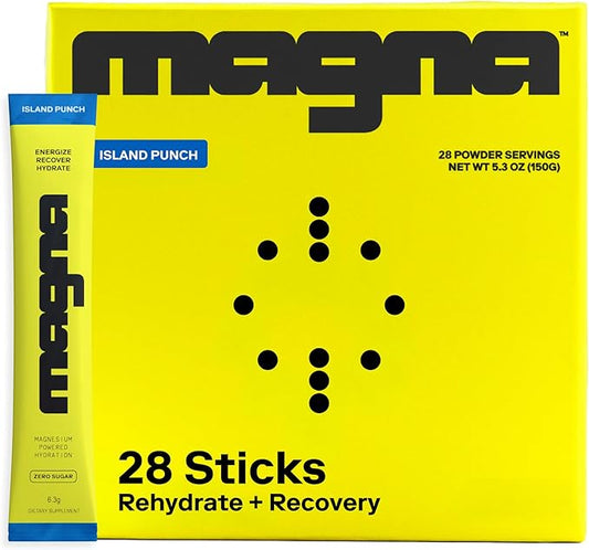 MAGNA Electrolytes Powder Drink Mix for Hydration, Energy & Focus Support with Magnesium L Threonate, Sodium, Potassium, Vitamin D, B6 & B12, Sugar Free, Island Punch Flavor, 28 Servings